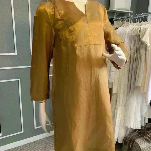 J. CREW Womens Dress Silk ROSIE Tunic 3/4 Sleeve Gold Color Size M. D10 - Picture 3 of 9